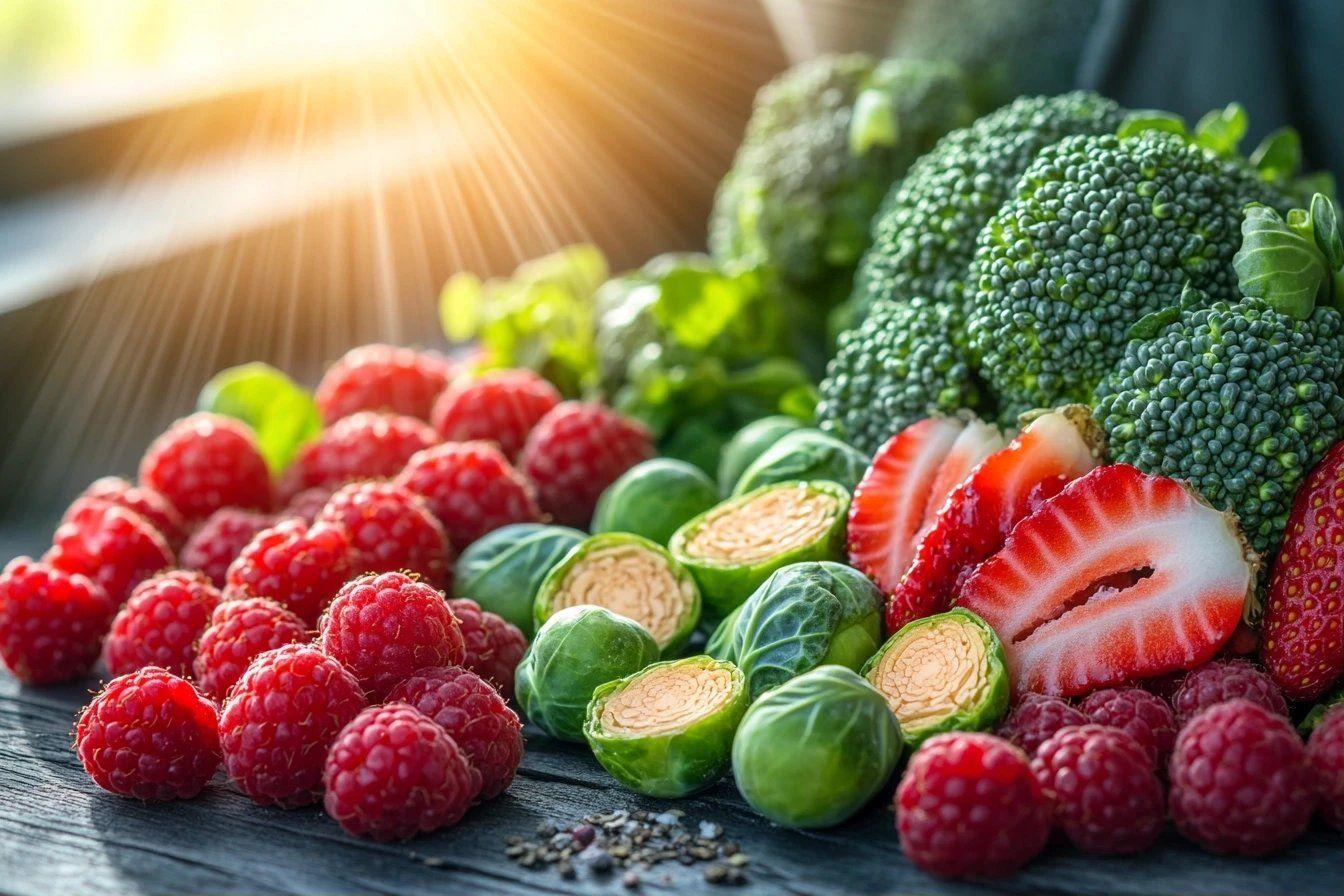 Framboises, brocoli, fraises et choux de Bruxelles sur bois