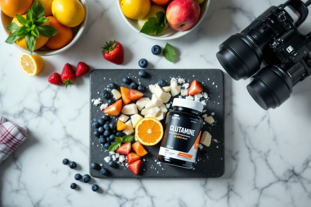 Fruits variés, complément alimentaire et appareil photo sur marbre