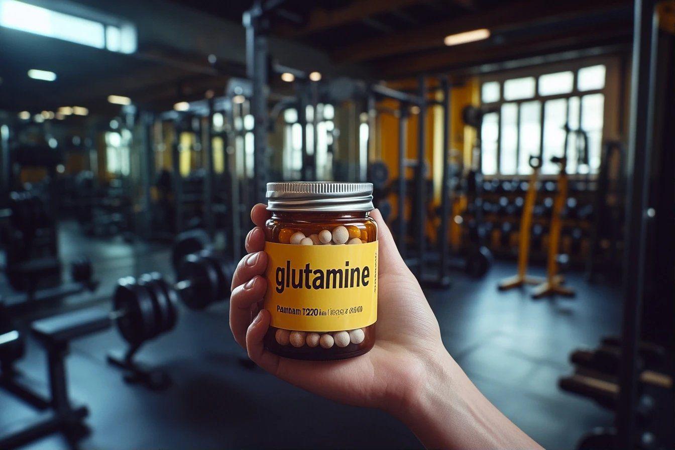 Pot de glutamine tenu dans une salle de musculation