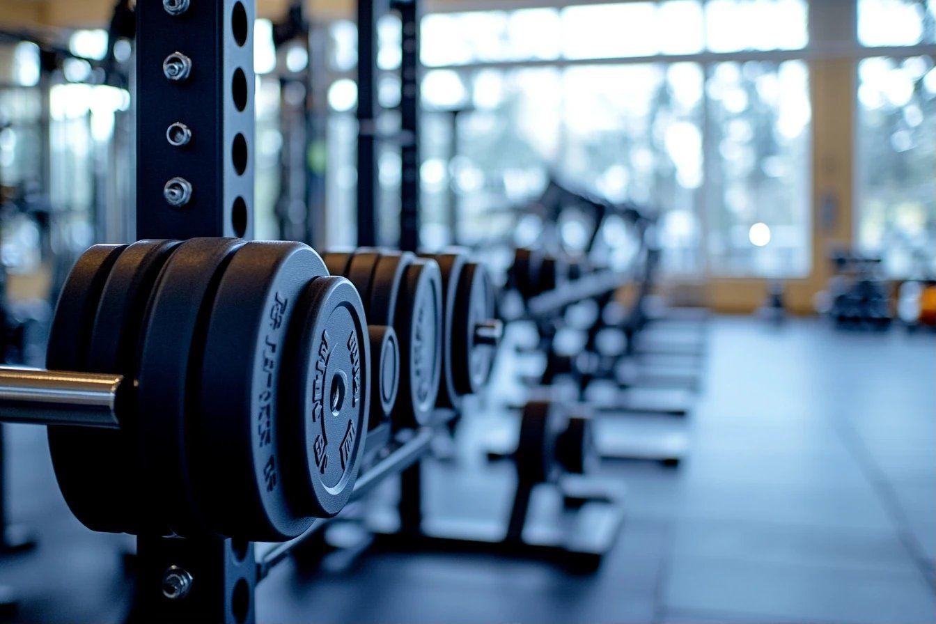 Rangée d'haltères noirs sur support métallique dans un gymnase