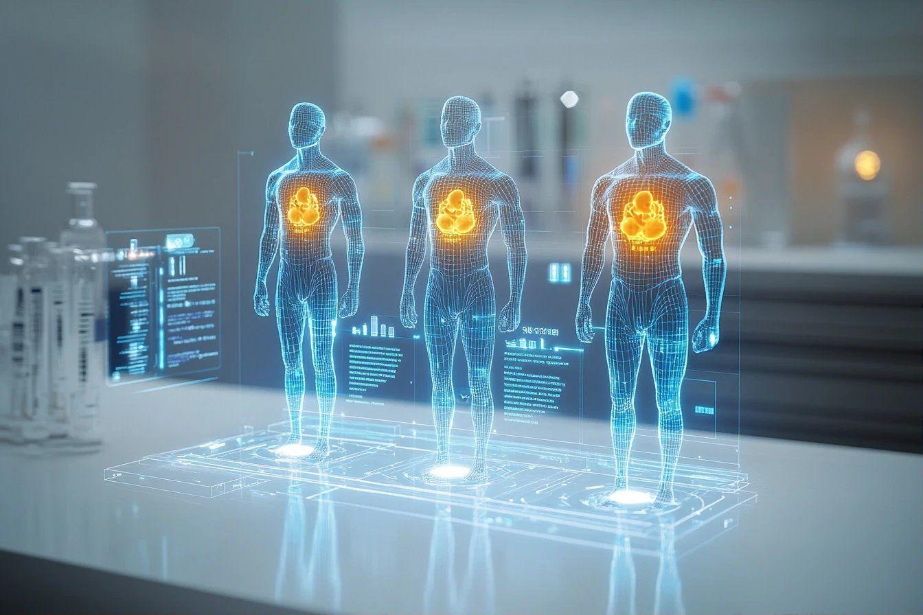 Trois silhouettes transparentes avec visualisation d'organes internes