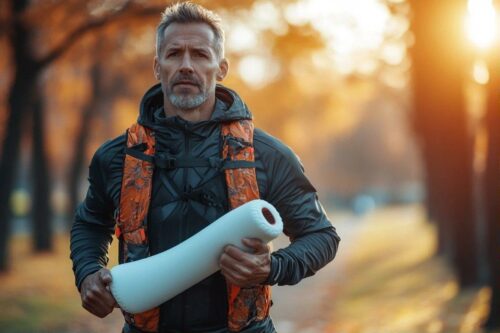 Sportif portant un bras plâtré dans un environnement automnal