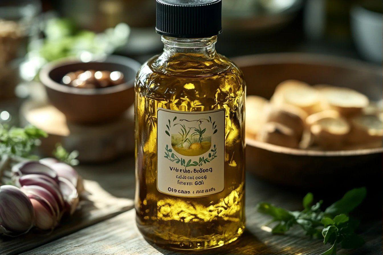 Bouteille d'huile dorée avec herbes et oignons rouges