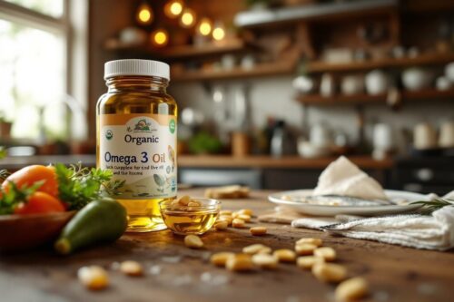 Bouteille d'huile Oméga 3 avec légumes et capsules