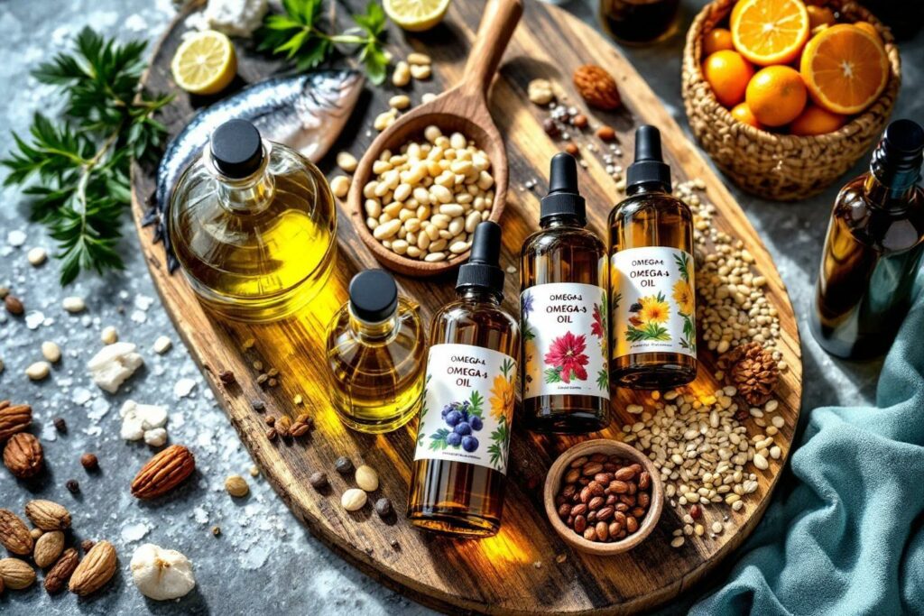 Bouteilles d'huile, noix, citrons et graines sur planche en bois