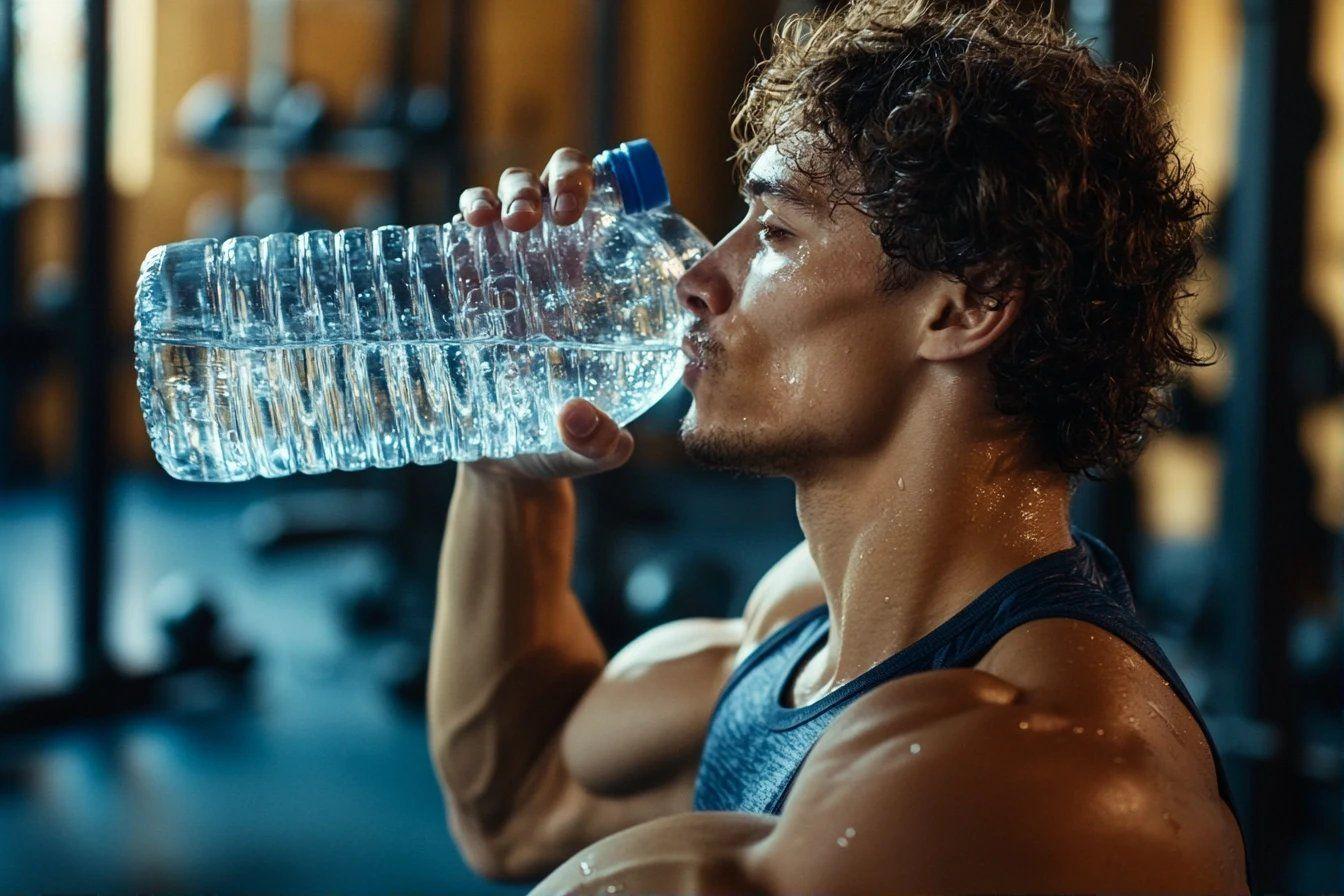 Sportif transpiration buvant bouteille eau gym