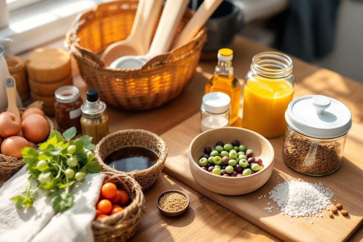Table en bois avec œufs, olives, herbes et divers bocaux
