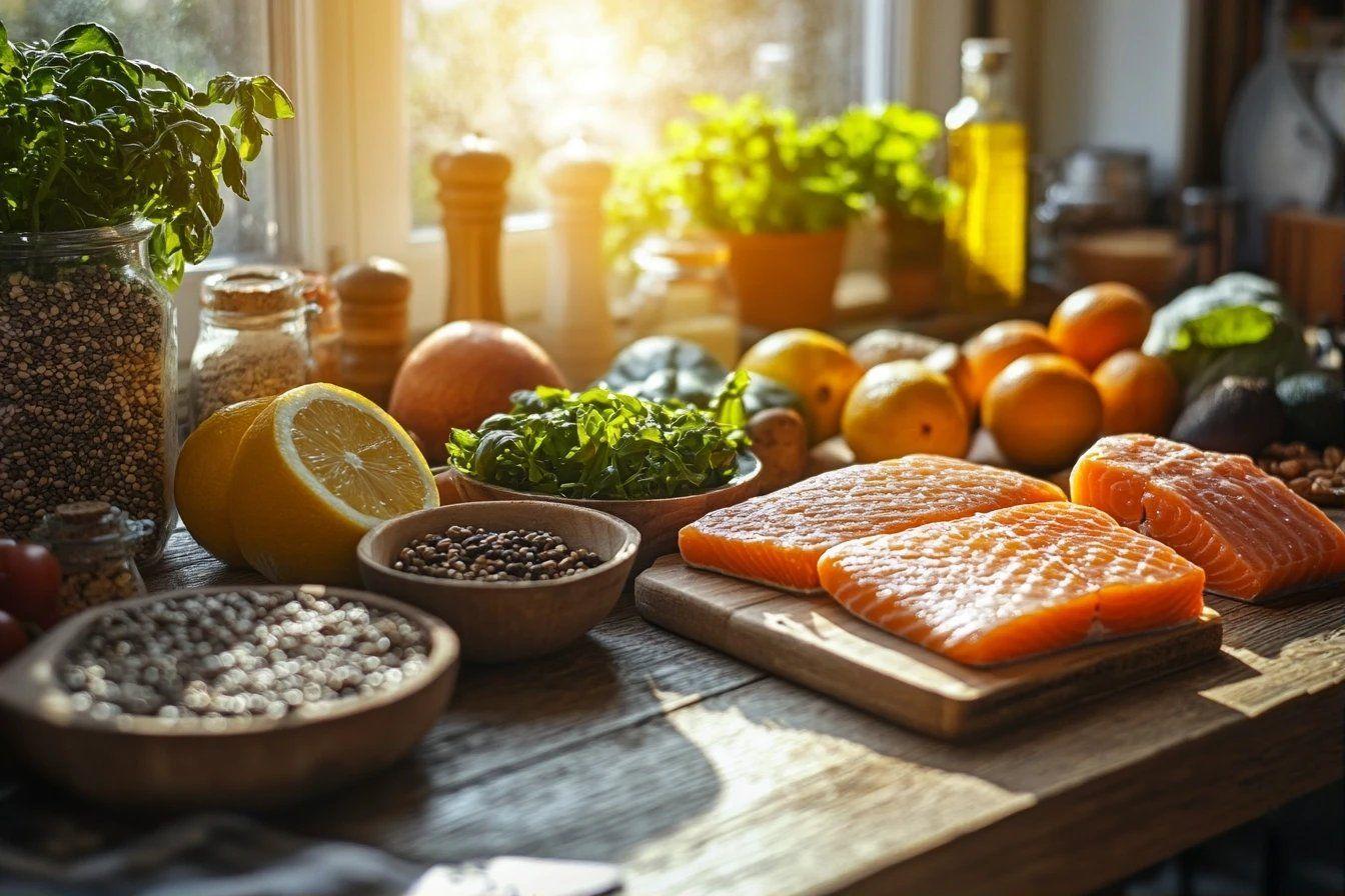 Saumon, citron, herbes et épices sur table en bois