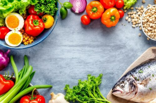 Étalage coloré de légumes, œufs, poisson et légumineuses