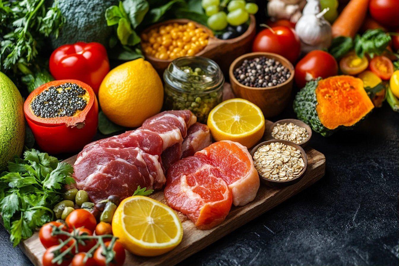 Variété d'aliments colorés, viandes, légumes, fruits et épices