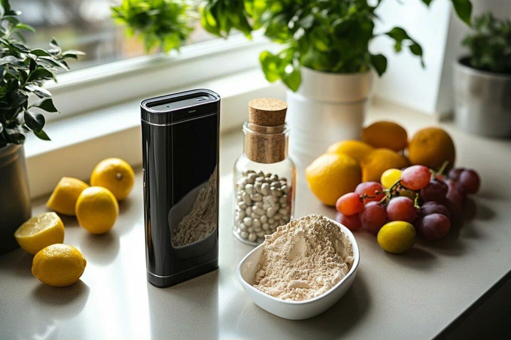 Citrons, raisins, poudre et bouteille sur un comptoir lumineux