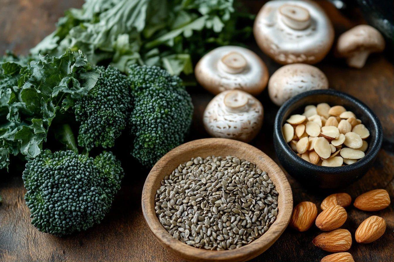Brocoli, champignons, graines et noix sur une table en bois