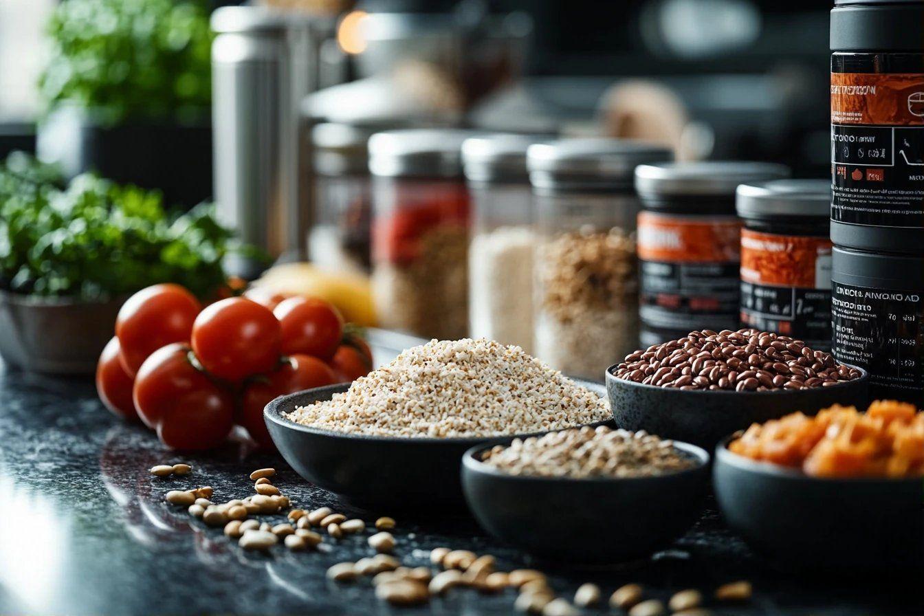 Variété de graines, haricots, épices et tomates sur surface sombre