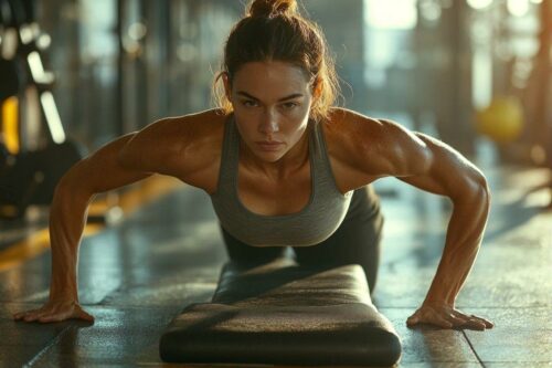 Athlète en planche, transpiration, focus intense