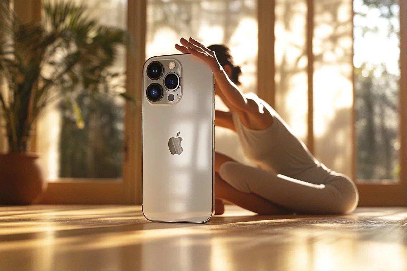 Smartphone Apple posé près d'une silhouette floue en yoga