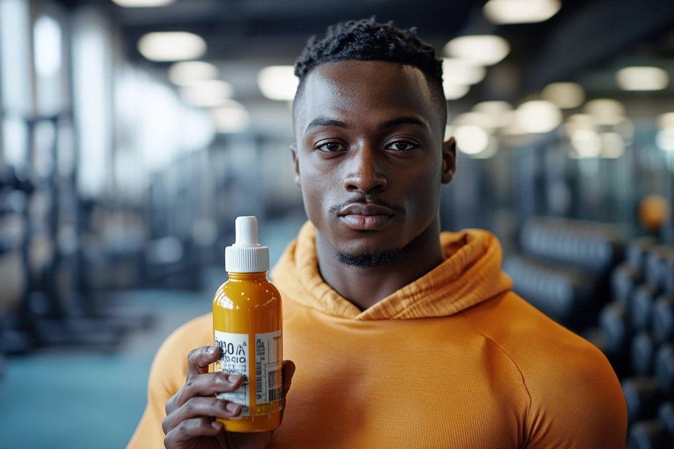 Athlète en sweat orange tenant un flacon jaune