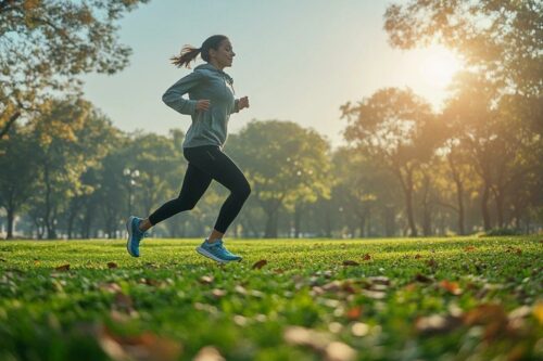 Femme qui court sur l'herbe avec des arbres en arrière-plan