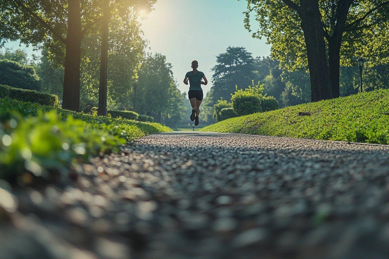 Coureur solitaire sur un chemin verdoyant au lever du soleil