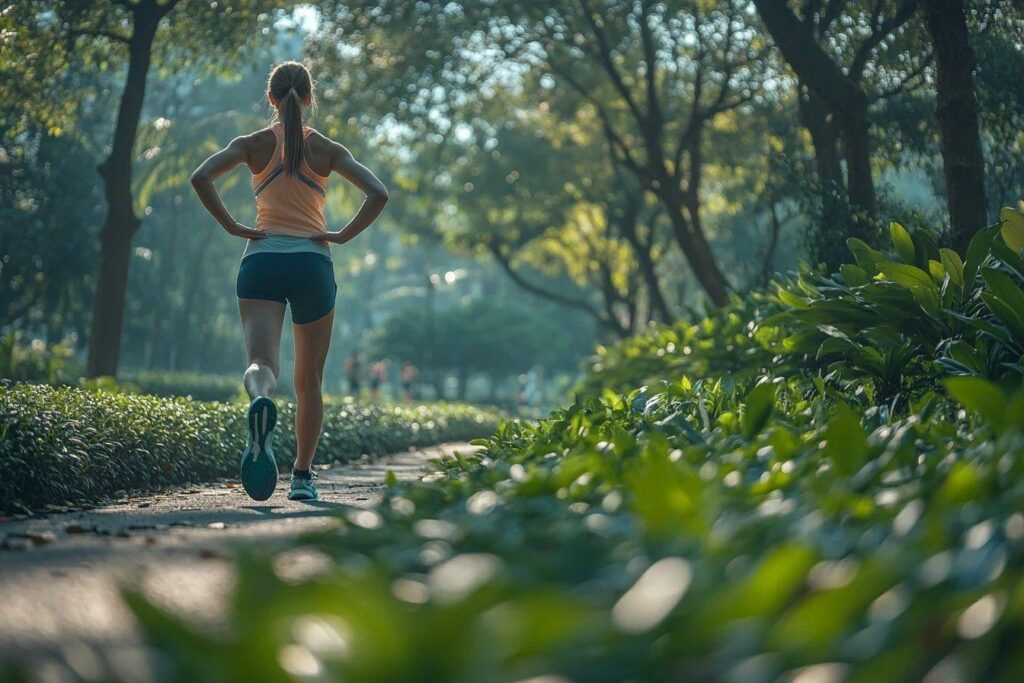 Sportive courant sur un sentier entouré de verdure