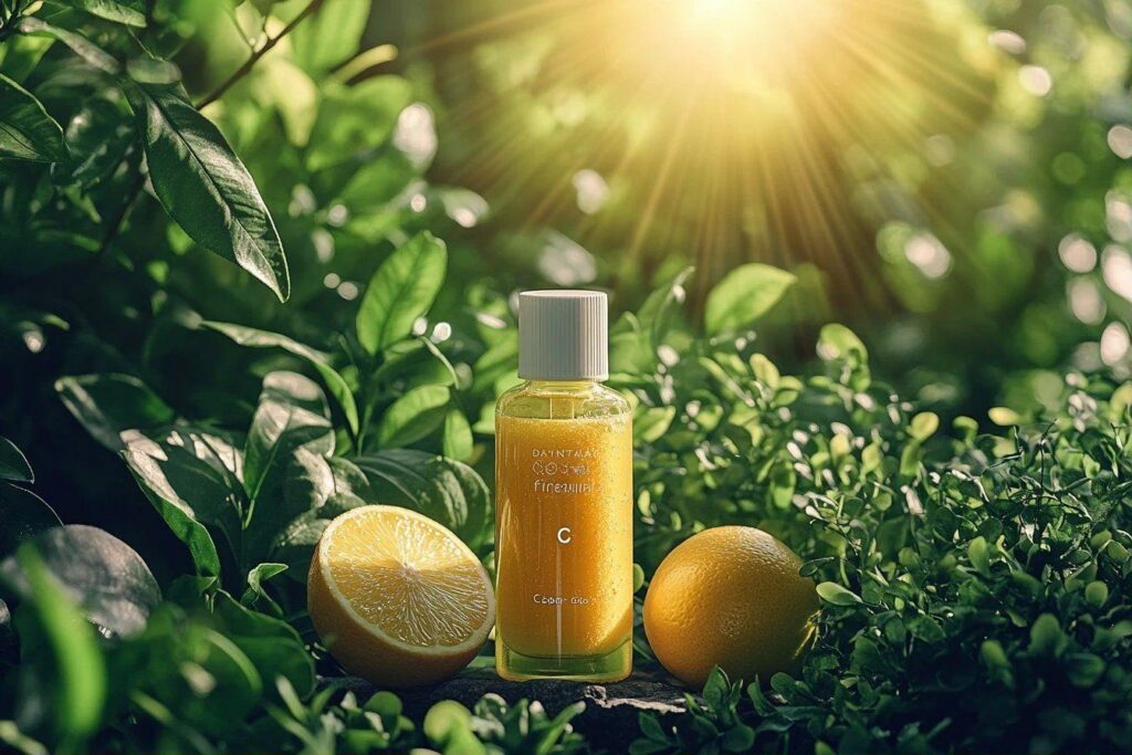 Bouteille de jus jaune entourée de citrons frais et de feuilles vertes