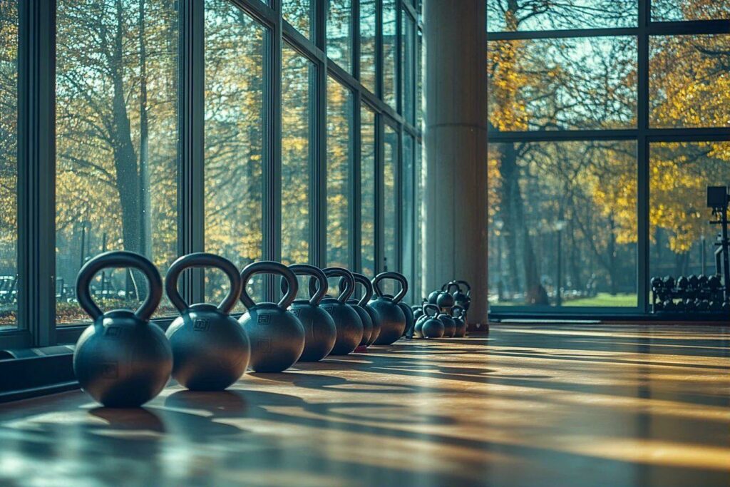 Rangée de kettlebells près de fenêtres avec arbres d'automne
