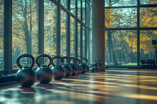 Rangée de kettlebells près de fenêtres avec arbres d'automne