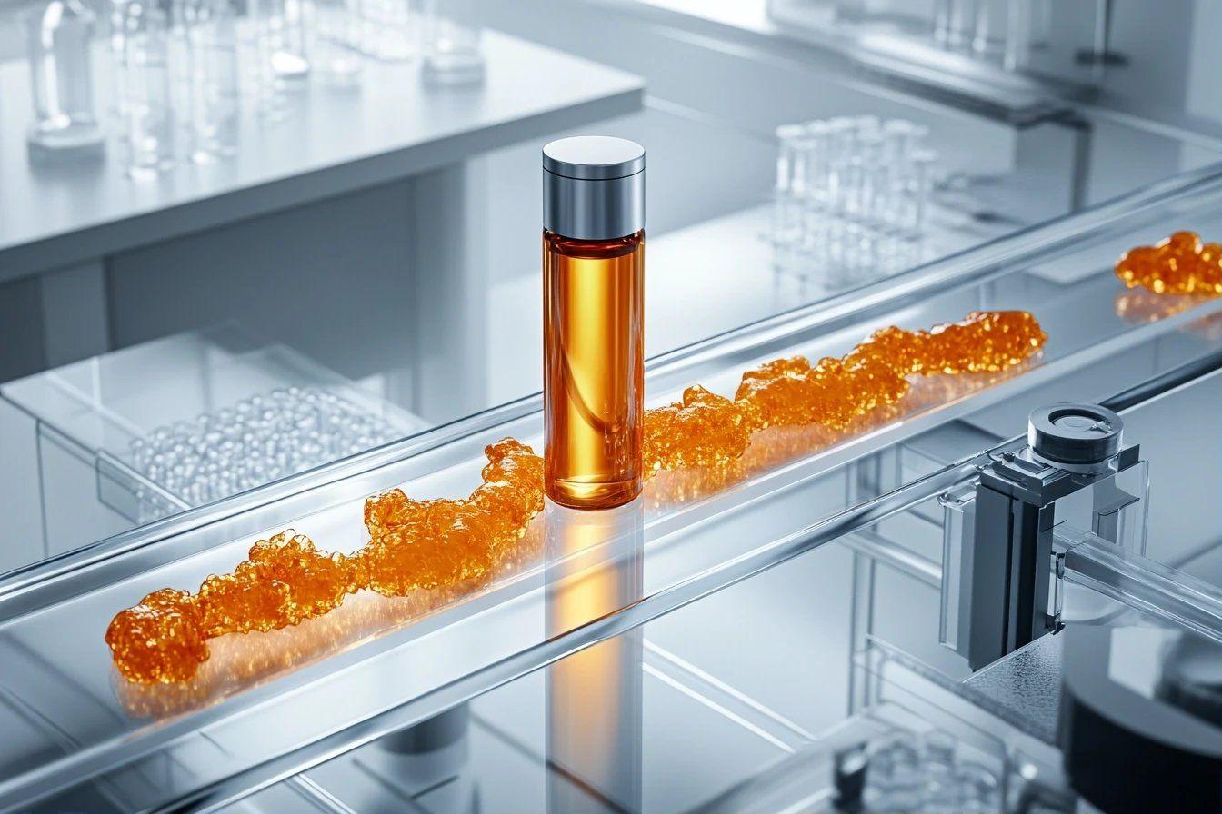 Flacon ambré et cristaux orangés sur surface de laboratoire high-tech
