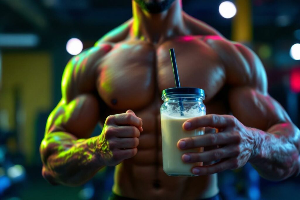 Torse musclé tenant un verre de lait coloré