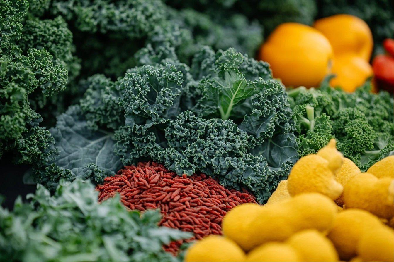 Chou frisé vert, fruits jaunes et baies rouges