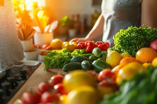 Étalage coloré de légumes mûrs dans une cuisine lumineuse