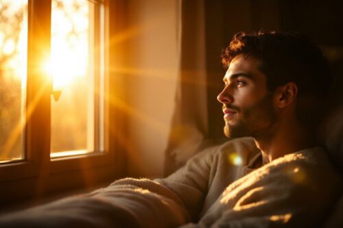 Un homme méditatif regarde par la fenêtre au soleil levant
