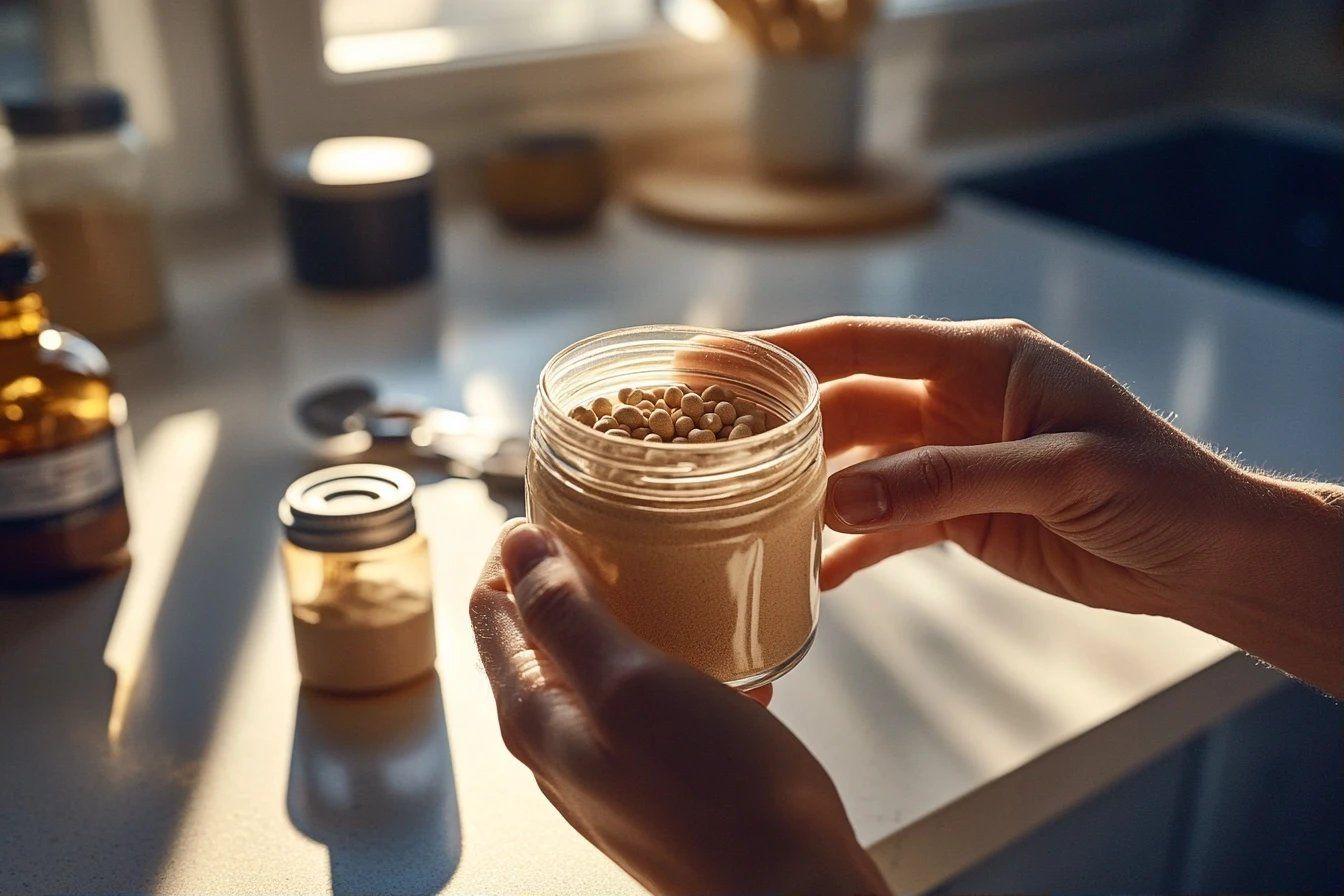 Main saisissant un pot en verre rempli de graines