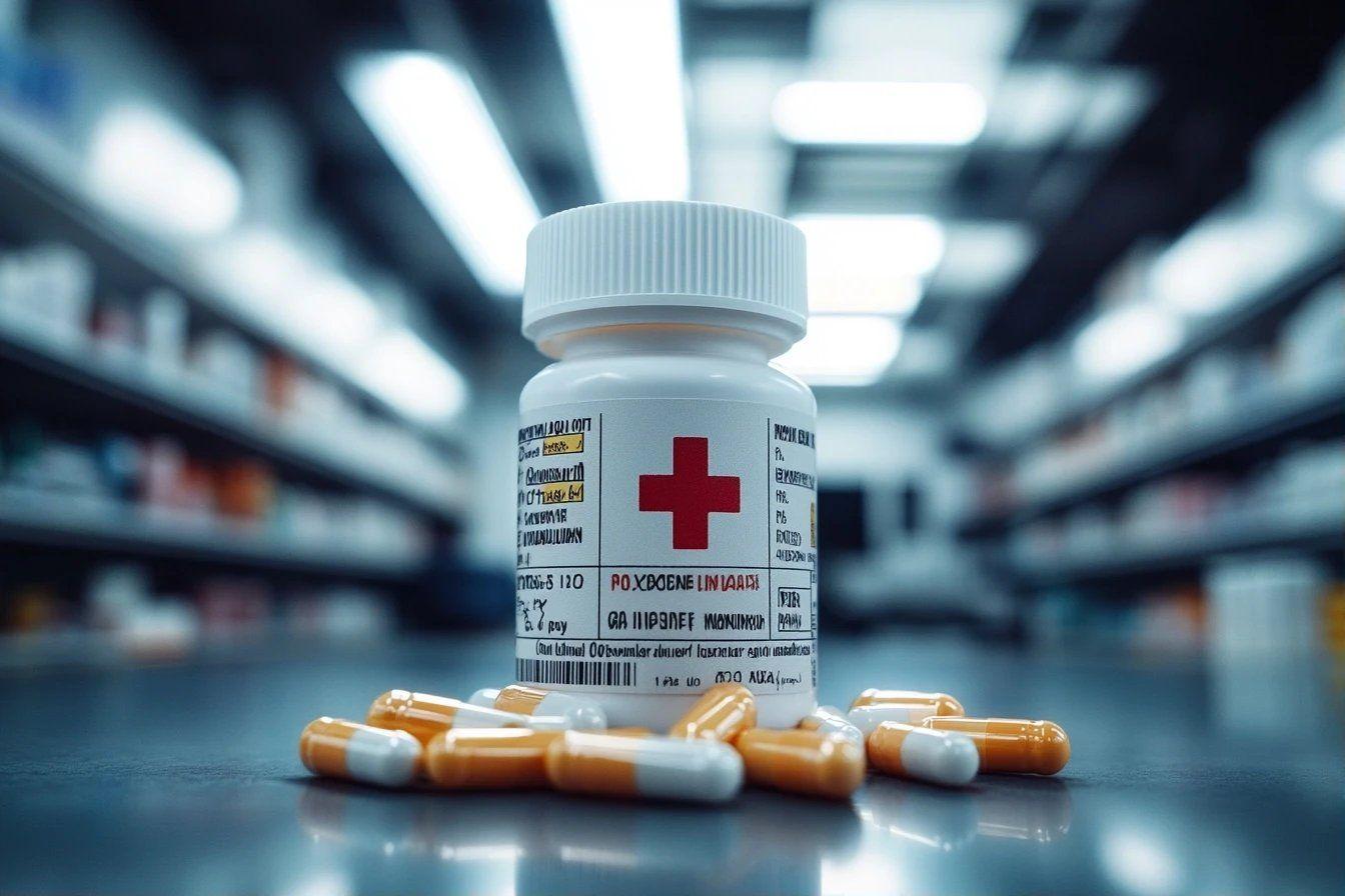 Bouteille de médicaments et pilules sur étagère de pharmacie