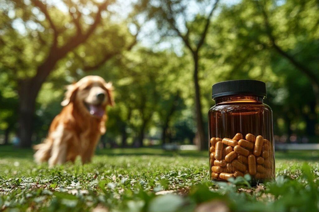 Bouteille de pilules à côté d'un golden retriever dans un parc