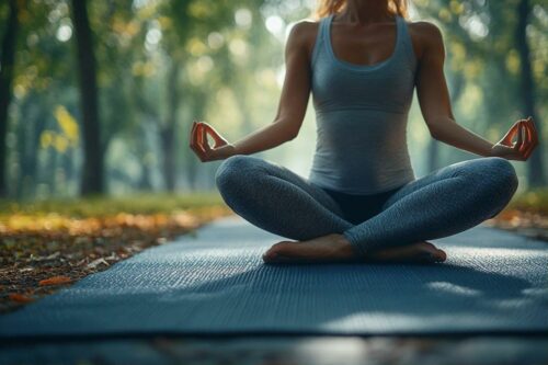 Femme en position de lotus sur un tapis de yoga en pleine nature