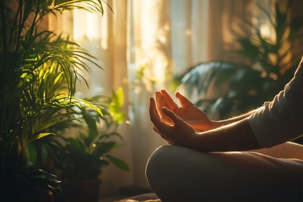 Mains ouvertes en méditation, lumière douce et plantes vertes