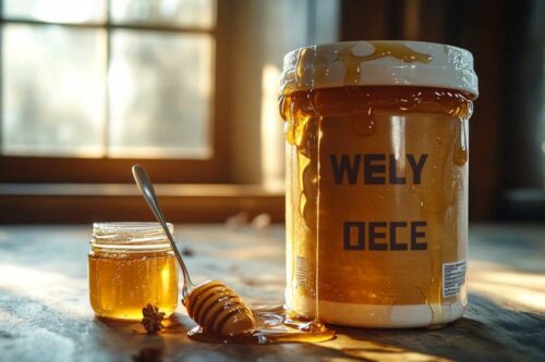 Pot de miel doré avec louche et lumière du matin
