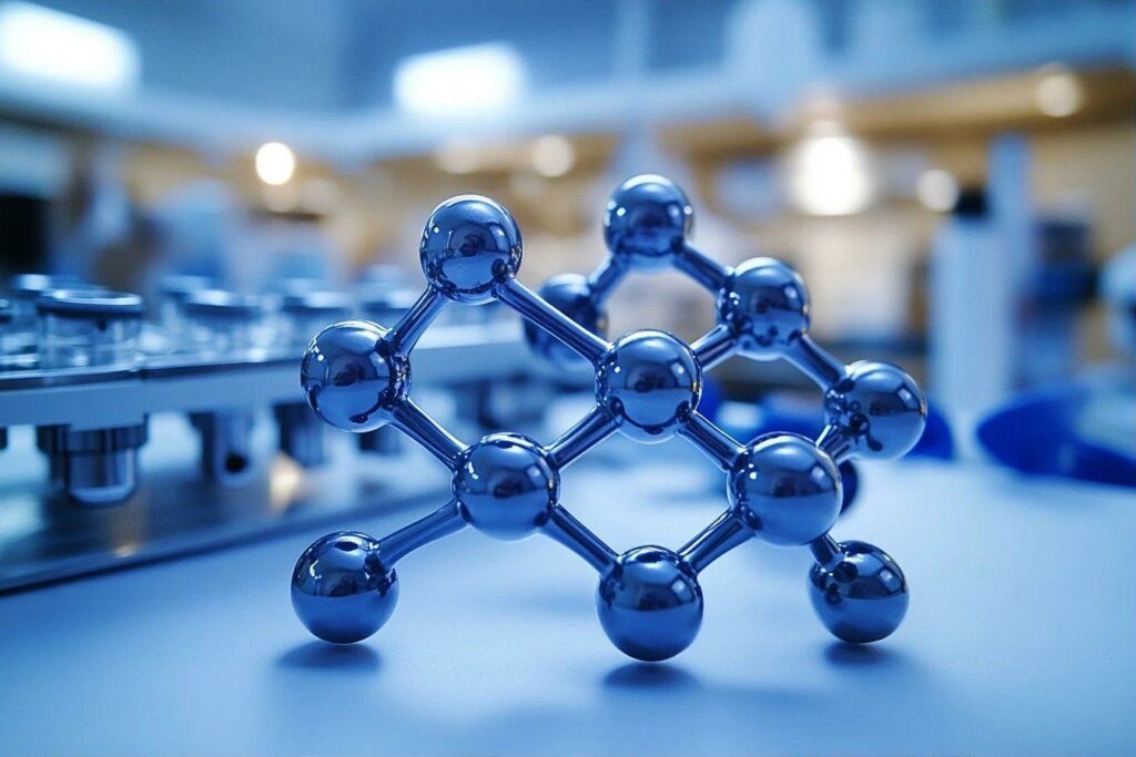 Structure moléculaire métallique bleue sur fond de laboratoire