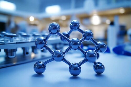 Structure moléculaire métallique bleue sur fond de laboratoire