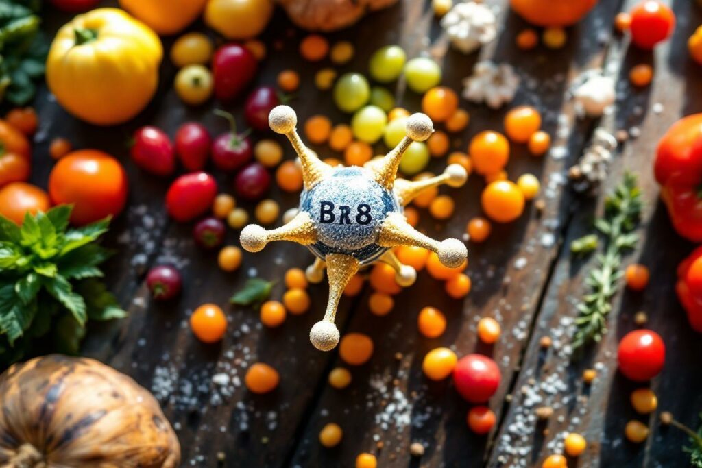 Molécule scientifique bleue et dorée entourée de tomates colorées