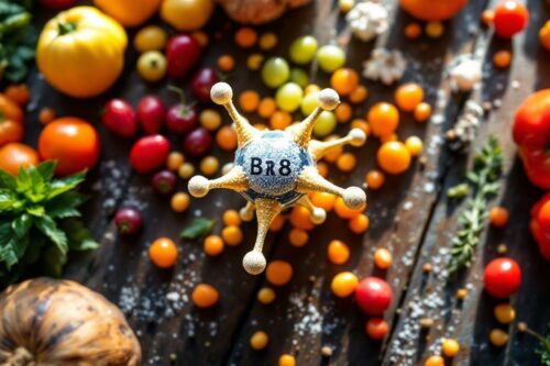 Molécule scientifique bleue et dorée entourée de tomates colorées