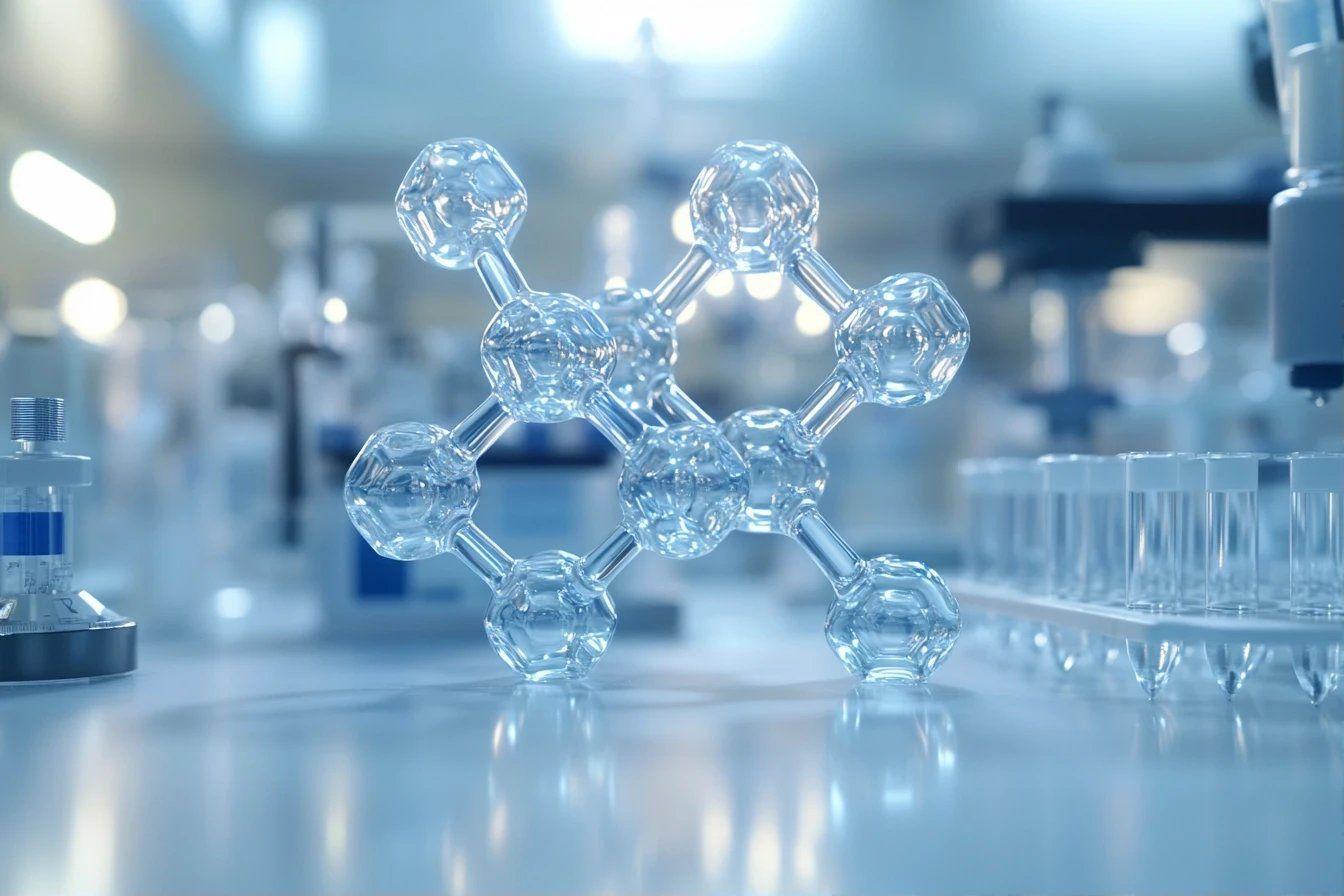 Structure moléculaire transparente sur surface réfléchissante de laboratoire