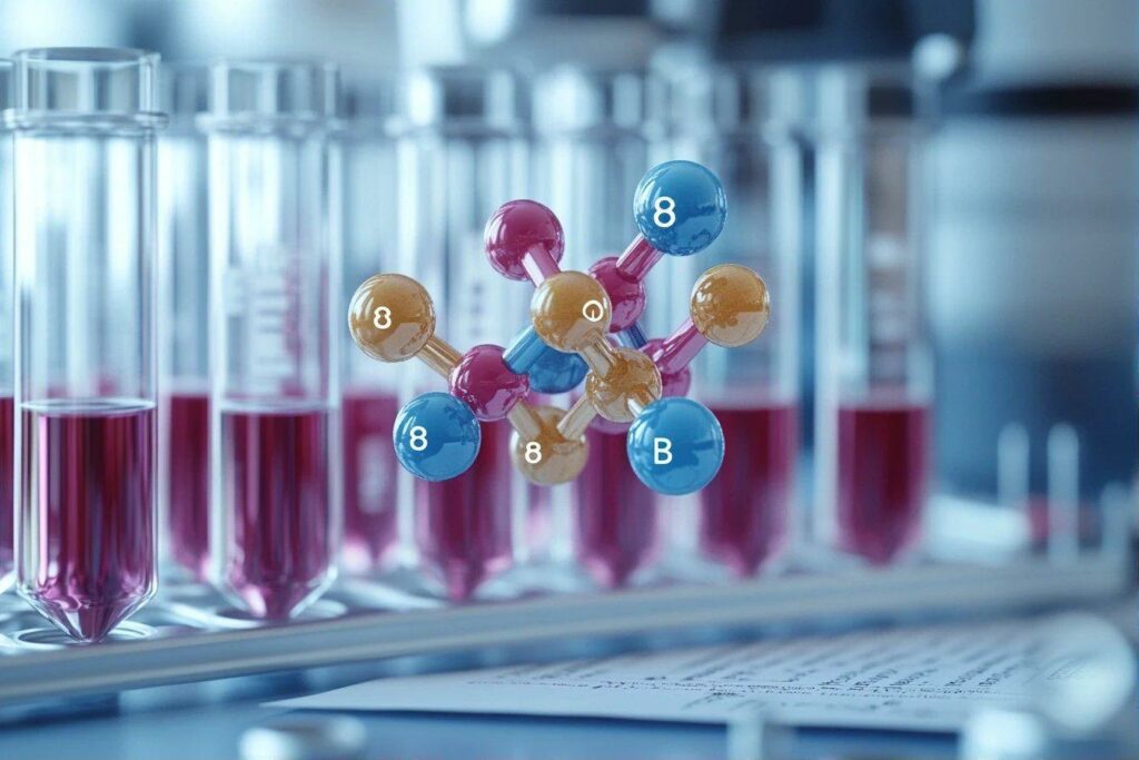 Structure moléculaire colorée avec des tubes à essai en arrière-plan