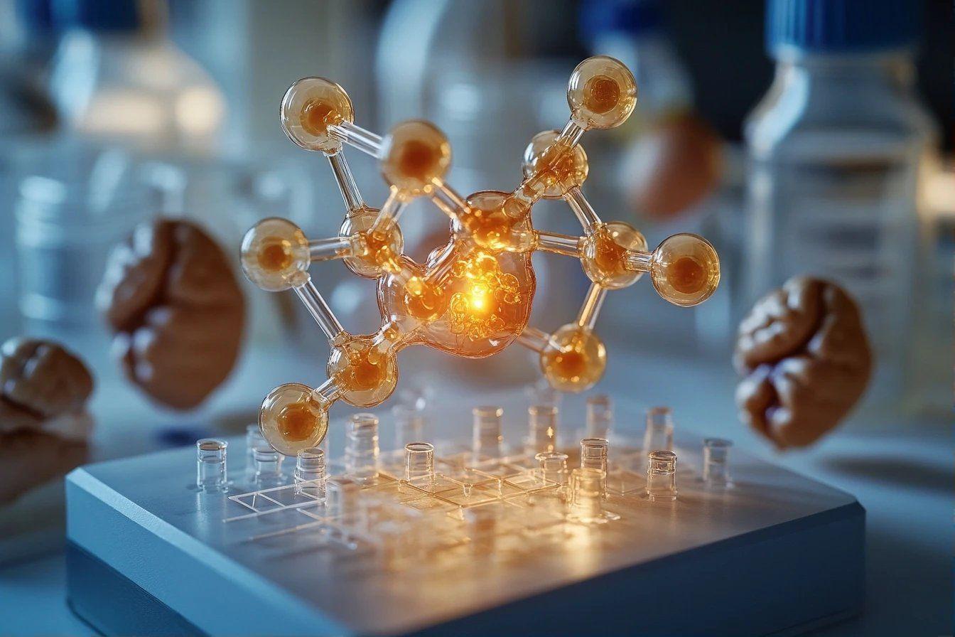 Structure moléculaire complexe brillante sur un support quadrillé