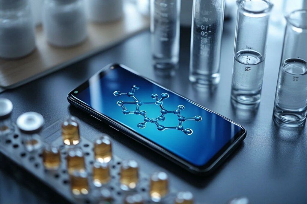 Écran de téléphone montrant une structure moléculaire en laboratoire