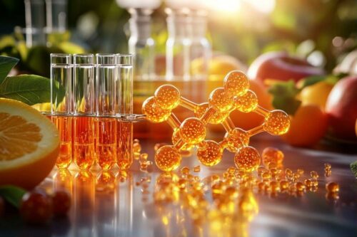 Tubes à essai orangés avec modèle moléculaire et fruits