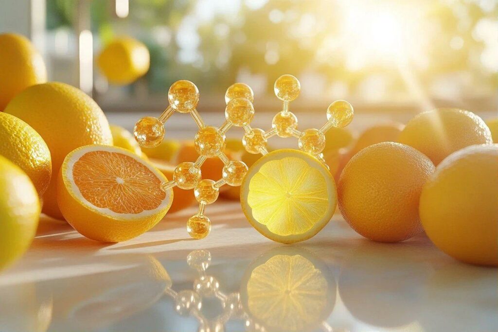 Structure moléculaire dorée entourée d'oranges et de citrons lumineux