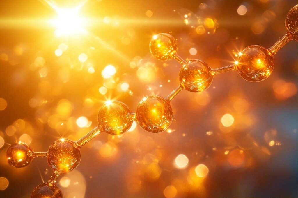 Sphères lumineuses dorées connectées par des liens moléculaires