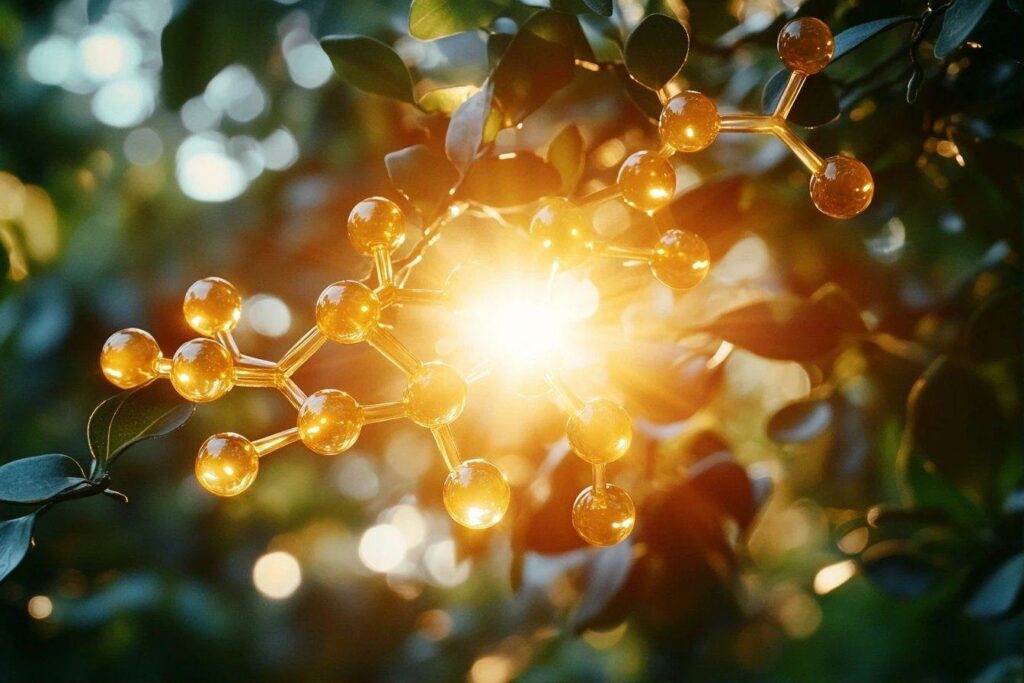 Structures moléculaires brillantes parmi les feuilles verdoyantes