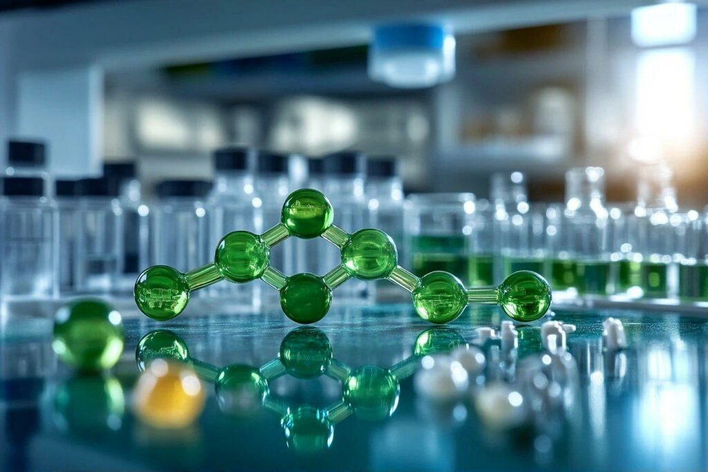 Structure moléculaire verte brillante sur une surface réfléchissante